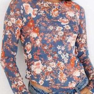 Orchid Petal Floral Print Mesh Fitted Long Sleeve Top