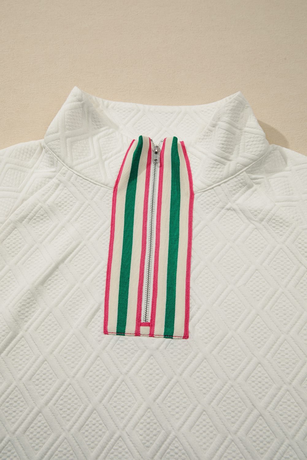 Beige Plus Size Rhombus Texture Contrast Striped Collar Baggy Sweatshirt