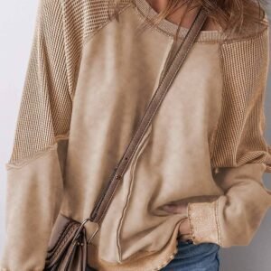 Light French Beige Solid Waffle Knit Patchwork Raglan Sleeve Sweatshirt