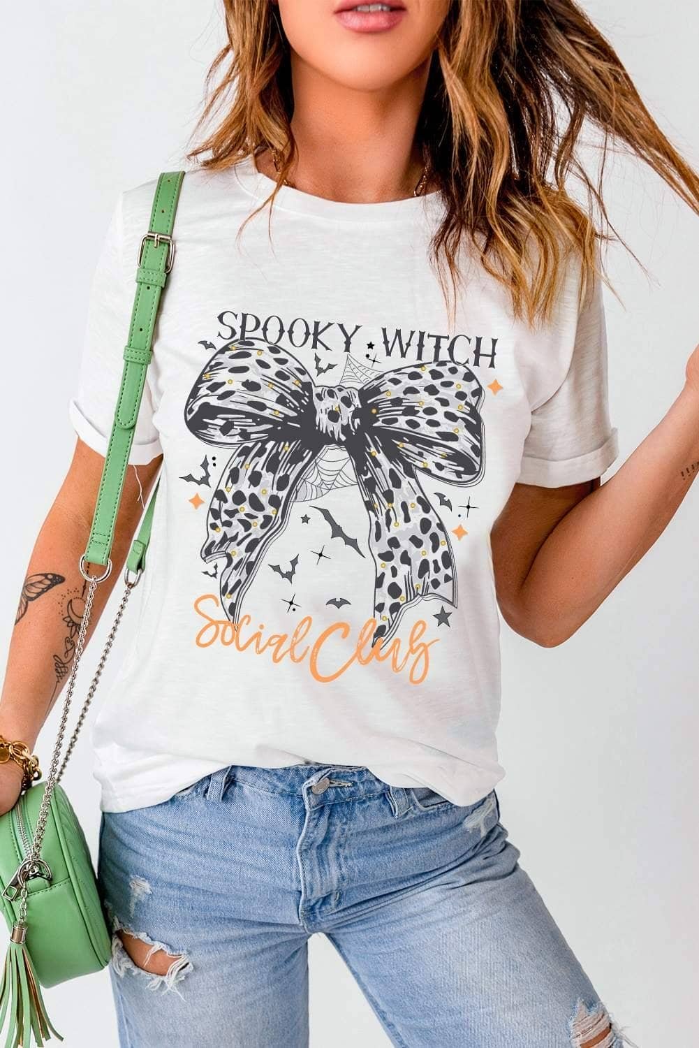 White Spooky Witch Leopard Bowknot Bat Graphic Halloween T Shirt