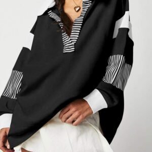 Black Striped Colorblock Patchwork Collar Sweatshirt