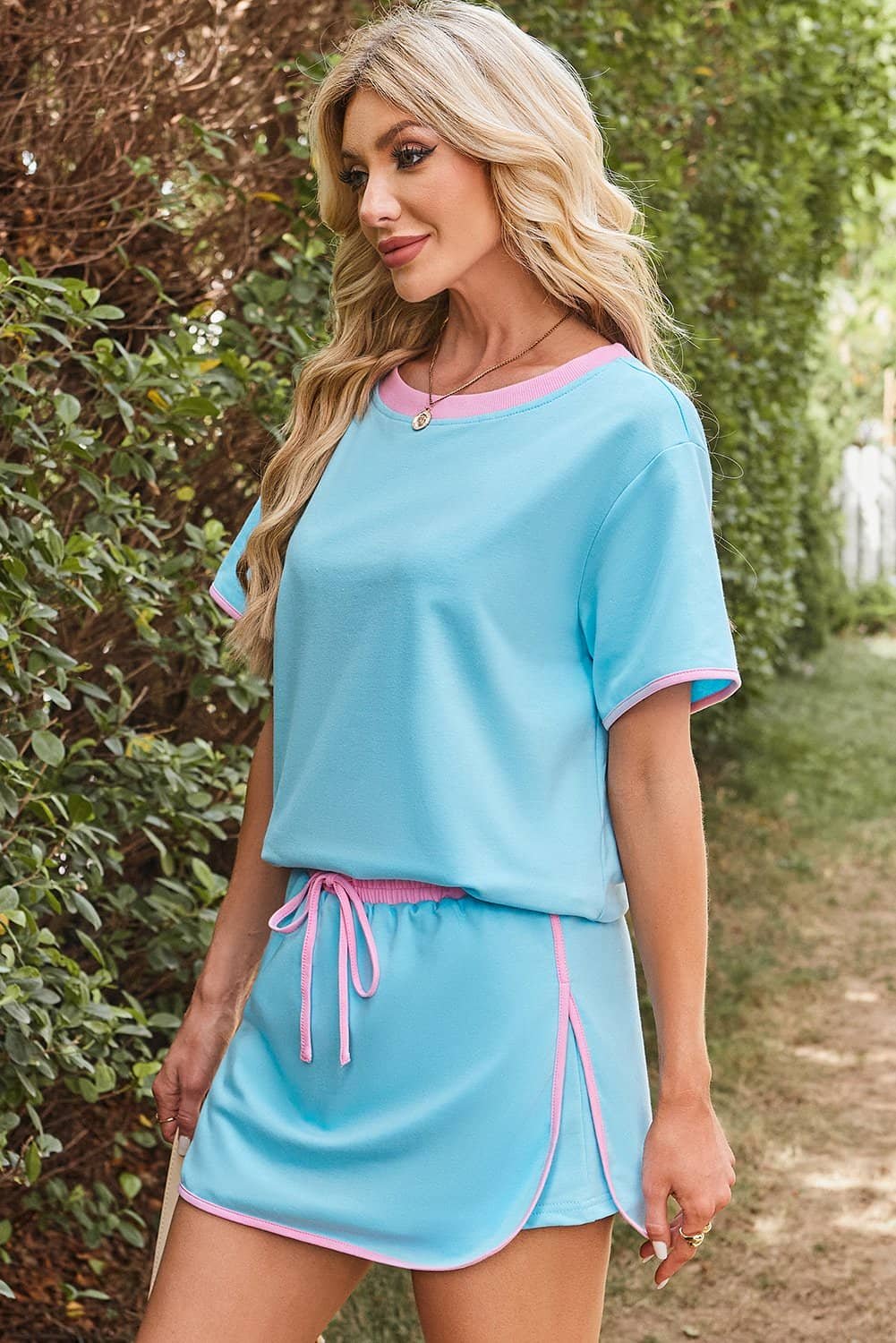 Turquoise Colorblock Edge Drop Shoulder T Shirt And Skort 2Pcs Set