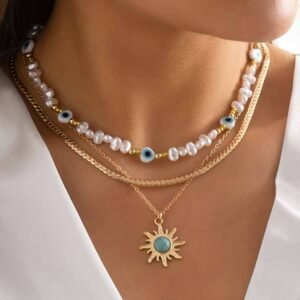 Gold Sun Turquoise Pearl Beaded Multi Layered Pendant Necklace