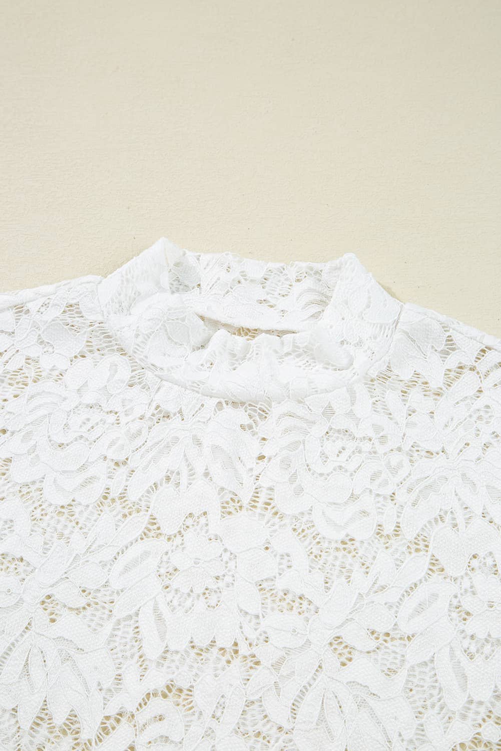 White Lace Crochet Bell Sleeve Mock Neck Blouse