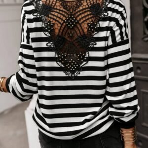 Black Stripe Crochet Hollow-Out Back Buttoned Shoulder V Neck Top