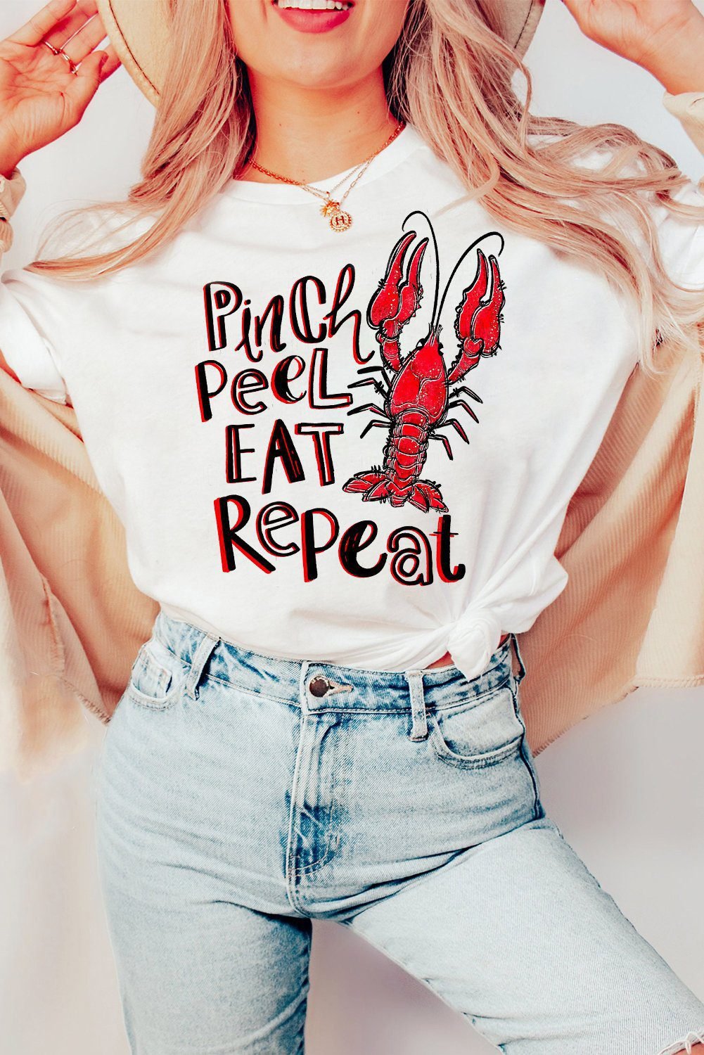 White Pinch Peel Eat Repeat Crawfish Print Crew Neck Tee