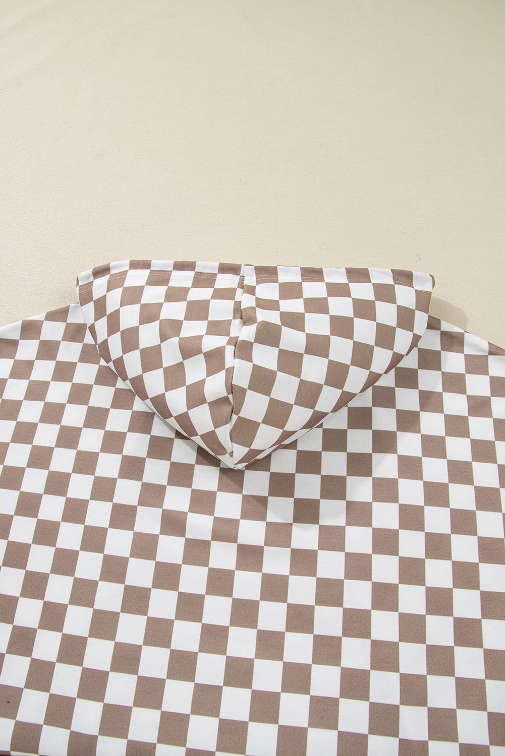 Khaki Double Checkered Patchwork Tie Neck Oversize Hoodie