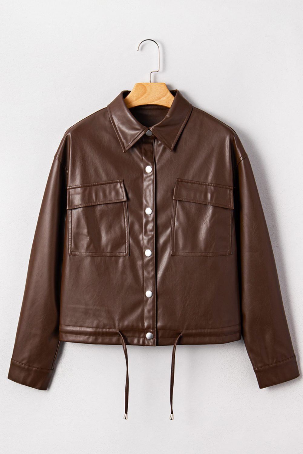 Chicory Coffee Double Flap Pocket Drawstring Hem Leather Jacket