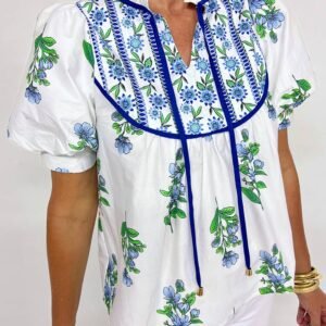 Beige Floral Print Piping Trim Tie Neck Short Sleeve Blouse