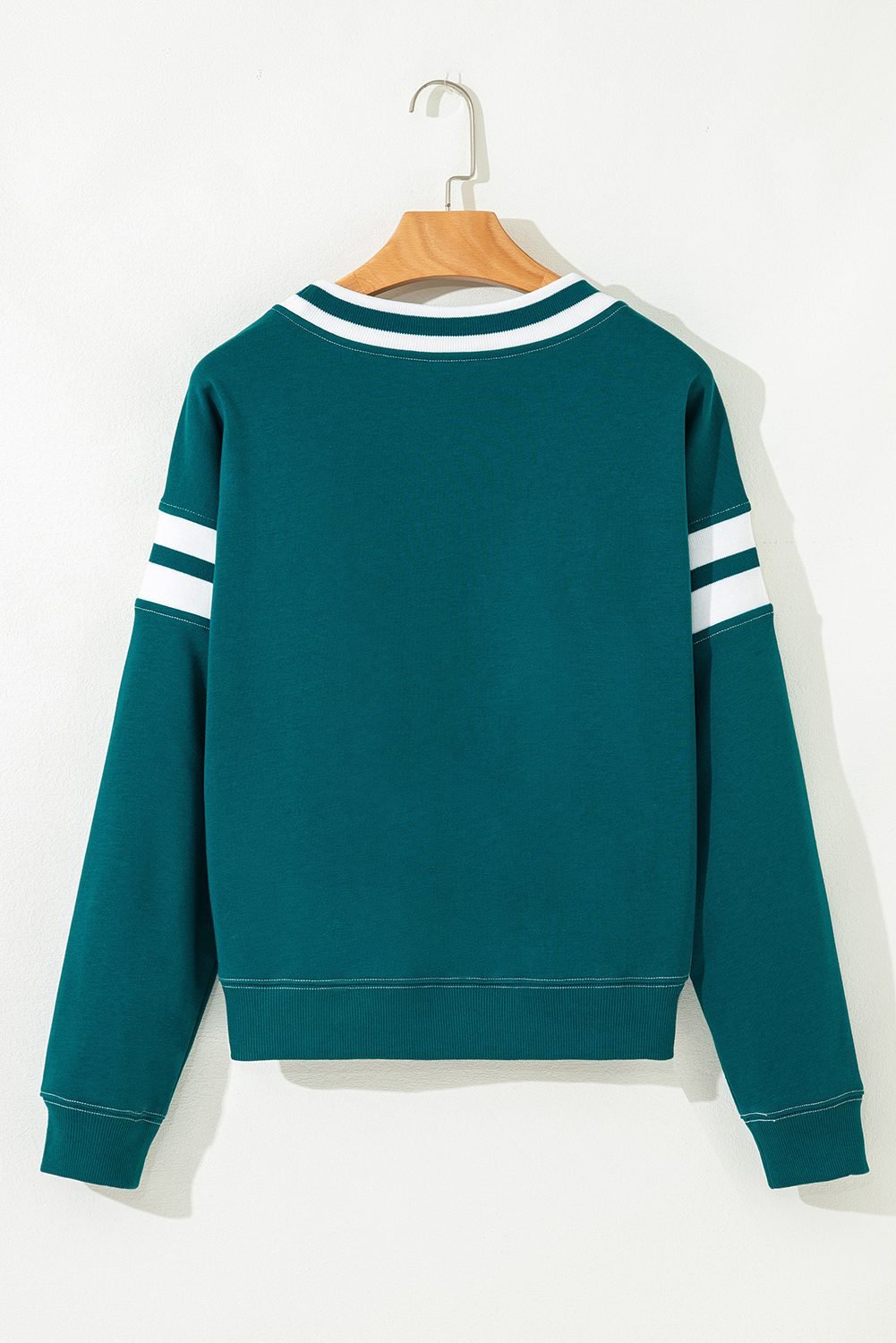 Blackish Green Contrast Striped Patchwork Round Neck Drop Shoulder Sweatshirt