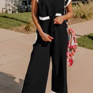 Black Color Block Pocketed T Shirt And Wide Leg Pants Set