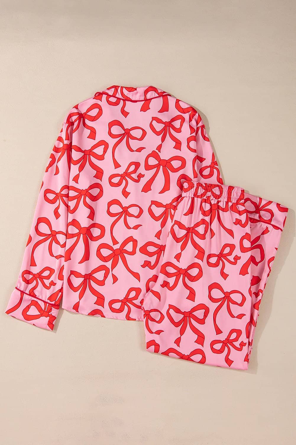 Pink 2Pcs Bow Print Shirt Style Long Sleeve Pajama Set