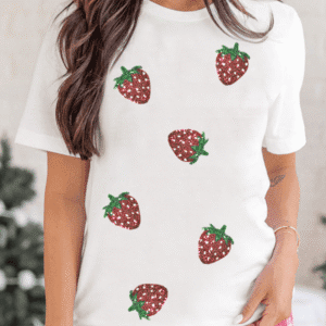 White Sequin Strawberry Patched Crew Neck T Shirt