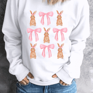 White Easter Bunny Bow Print Round Neck Pullover Sweatshirt
