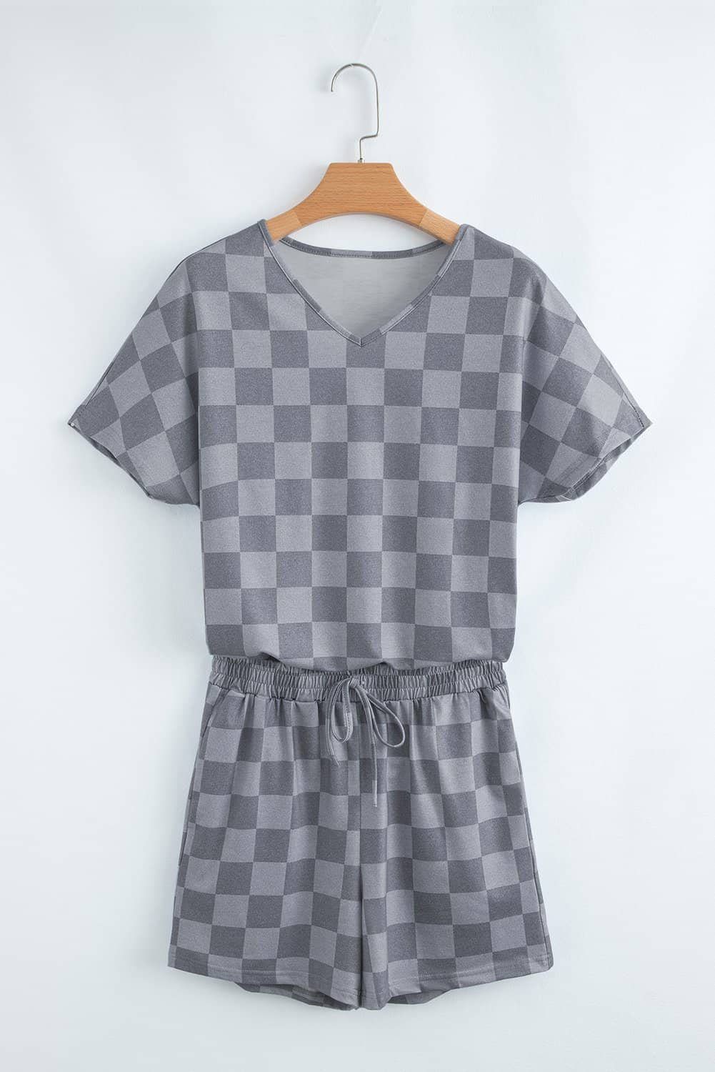 Gray Checkered V Neck Tee Drawstring Shorts Lounge Set