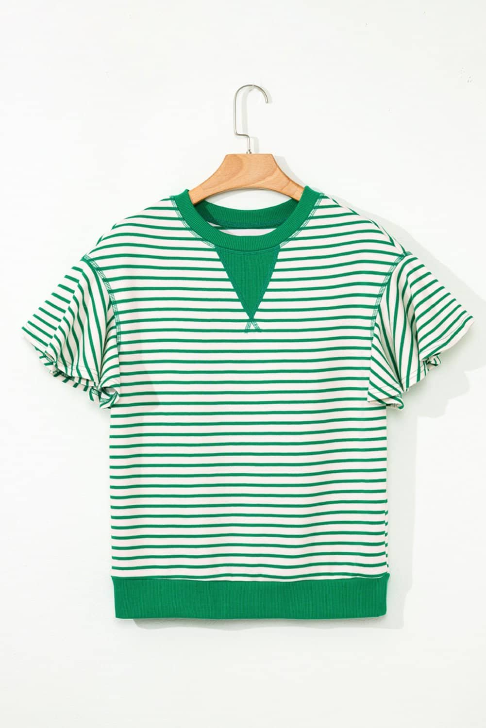 Bright Green Contrast Detail Striped Ruffle Short Sleeve Top
