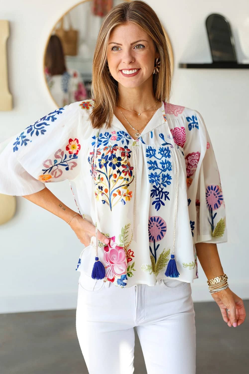 White Floral Print Tassel Tie Bracelet Sleeve Flowy Blouse