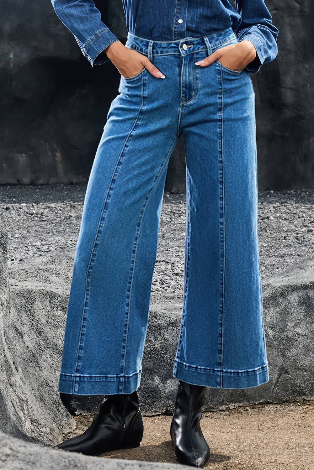 Dark Blue Plain Seam Detail Flared Bottom Ankle Length Jeans