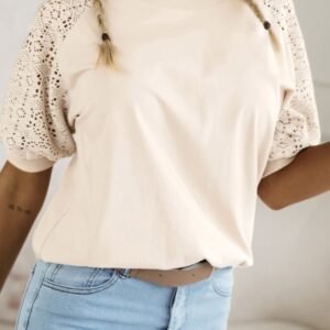 Jet Stream Lace Crochet Short Sleeve Round Neck T Shirt