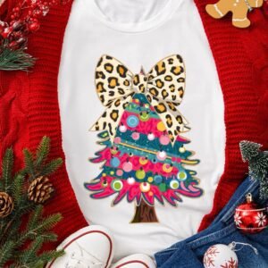 White Leopard Bow Dã©Cor Christmas Tree Graphic Crew Neck Tee