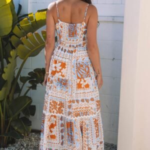 Orange Multi Printed Ricrac Trim Spaghetti Straps Maxi Dress