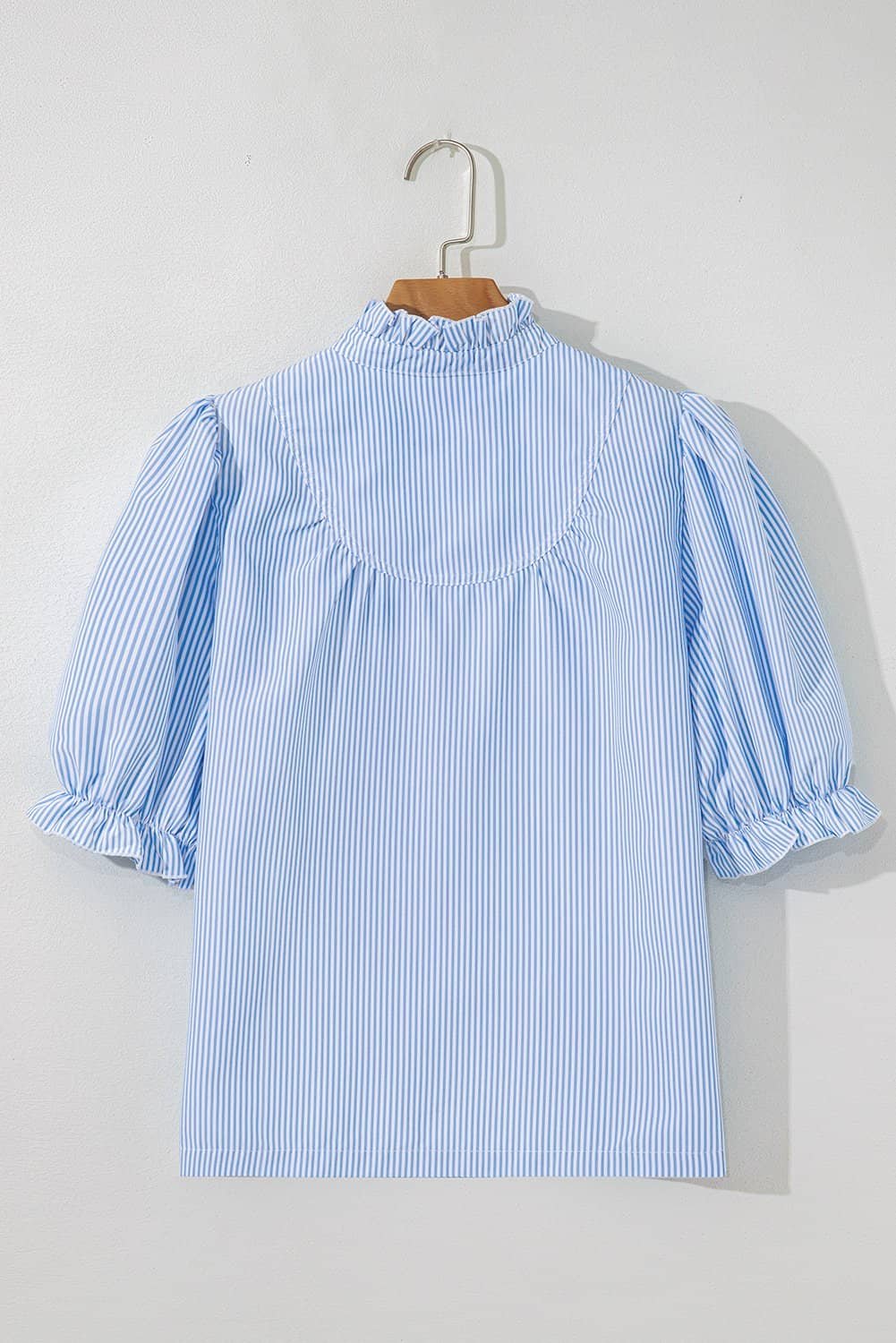 Sky Blue Stripe Ruffled Collar Puff Sleeve Half Buttons Blouse