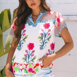 Pink Floral Striped Patchwork Short Sleeve Split Neck Blouse
