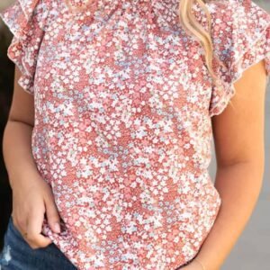 Pink Plus Size Floral Print Ruffled Sleeve Frilled Neck Blouse