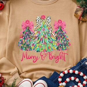 Khaki Merry & Bright Christmas Tree Print Pullover Sweatshirt
