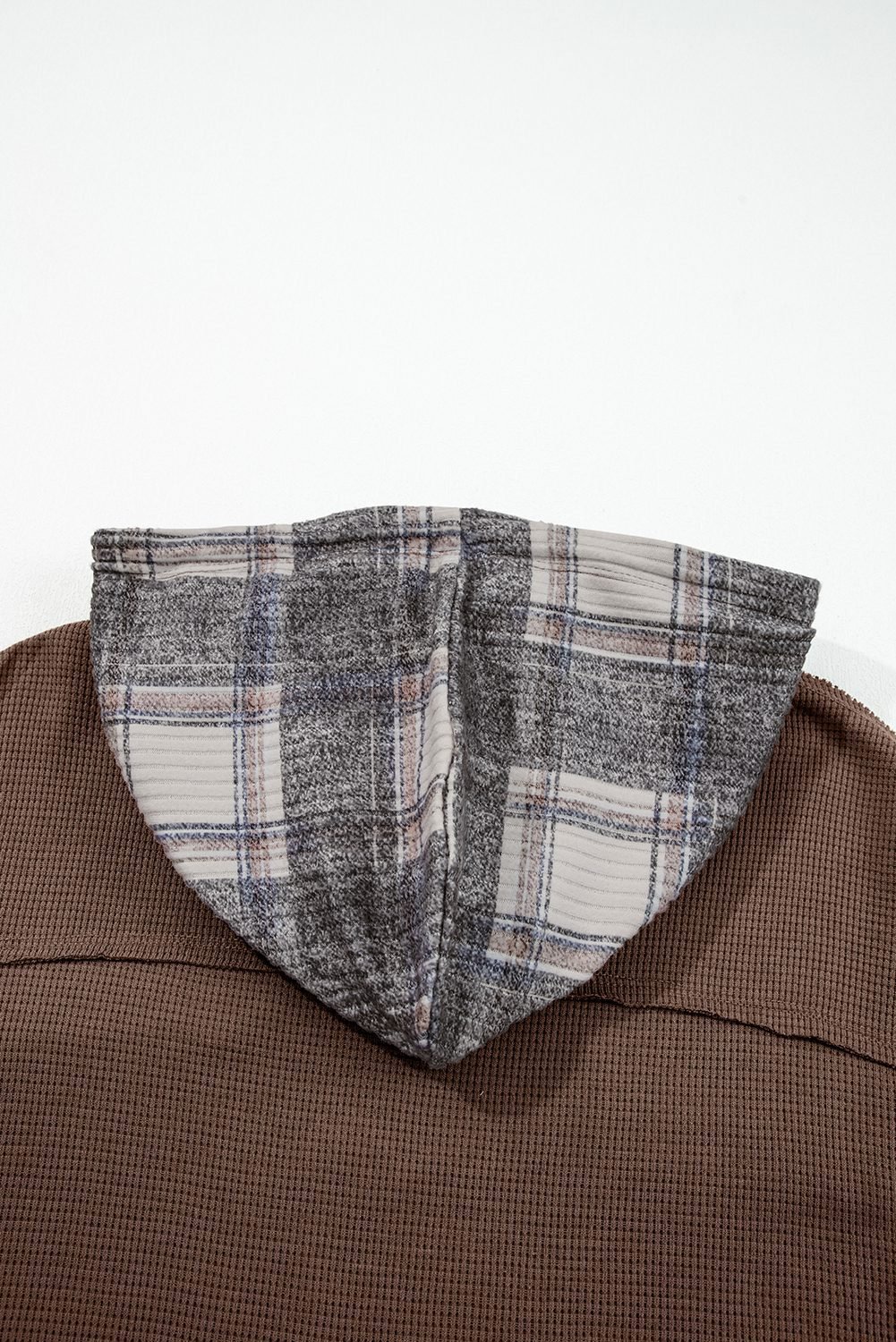 Brown Plaid Patchwork Button Down Drawstring Hooded Shacket