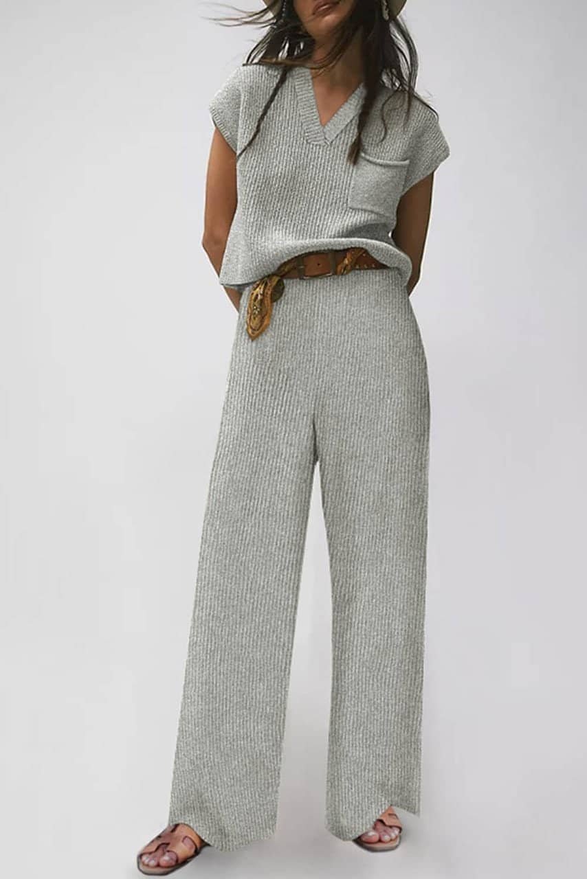 Gray Knitted V Neck Sweater And Casual Pants Set