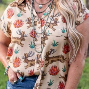 Khaki Plus Size Western Pattern Print Buttoned Short Sleeve Shirt