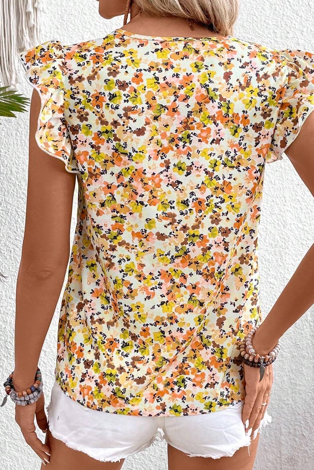 Green Floral Print Ruffled Sleeveless V Neck Tank Top