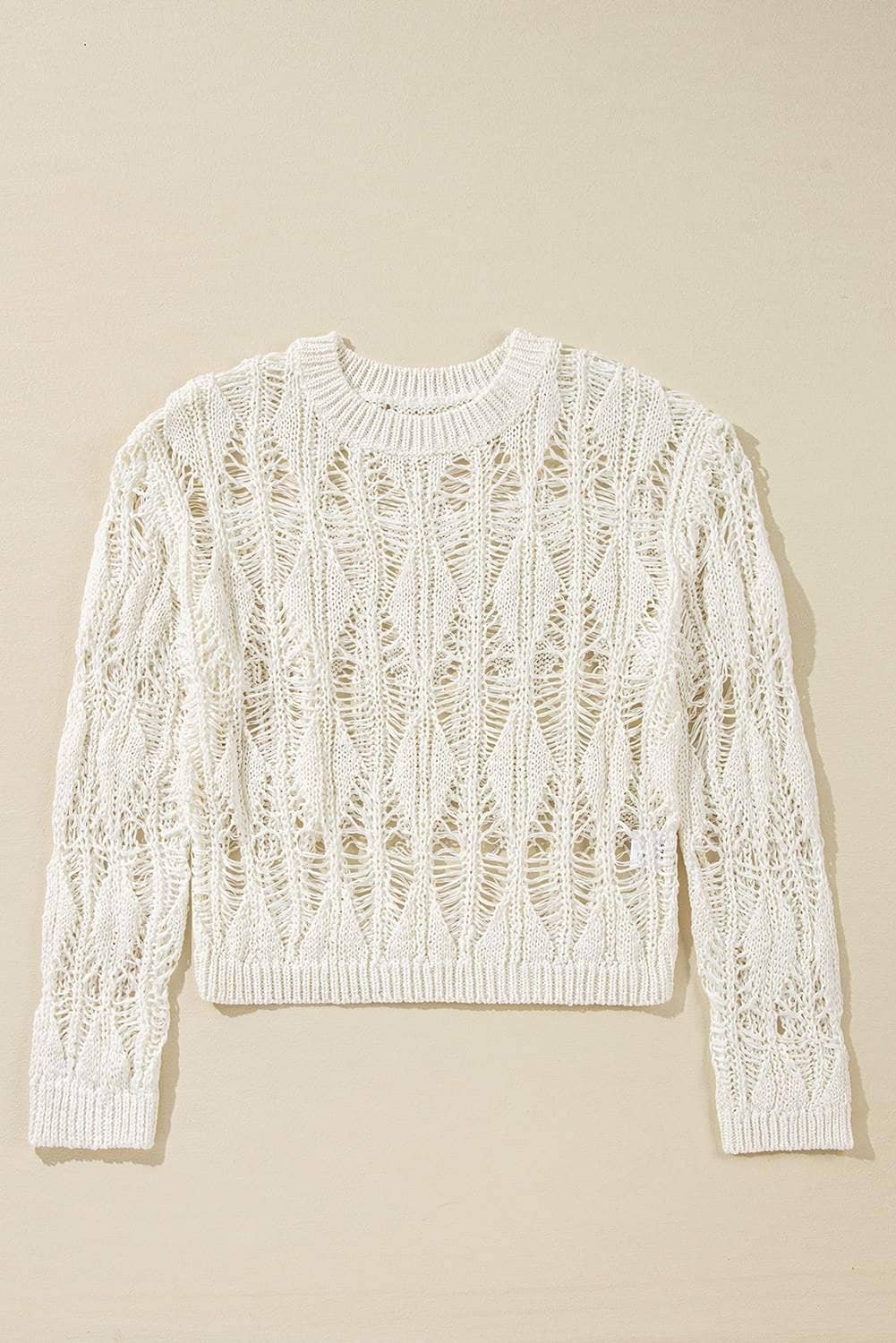 White Cut Out Crochet Crew Neck Loose Fit Sweater