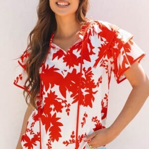 Red Plant Print Tiered Ruffled Sleeve V Neck Blouse