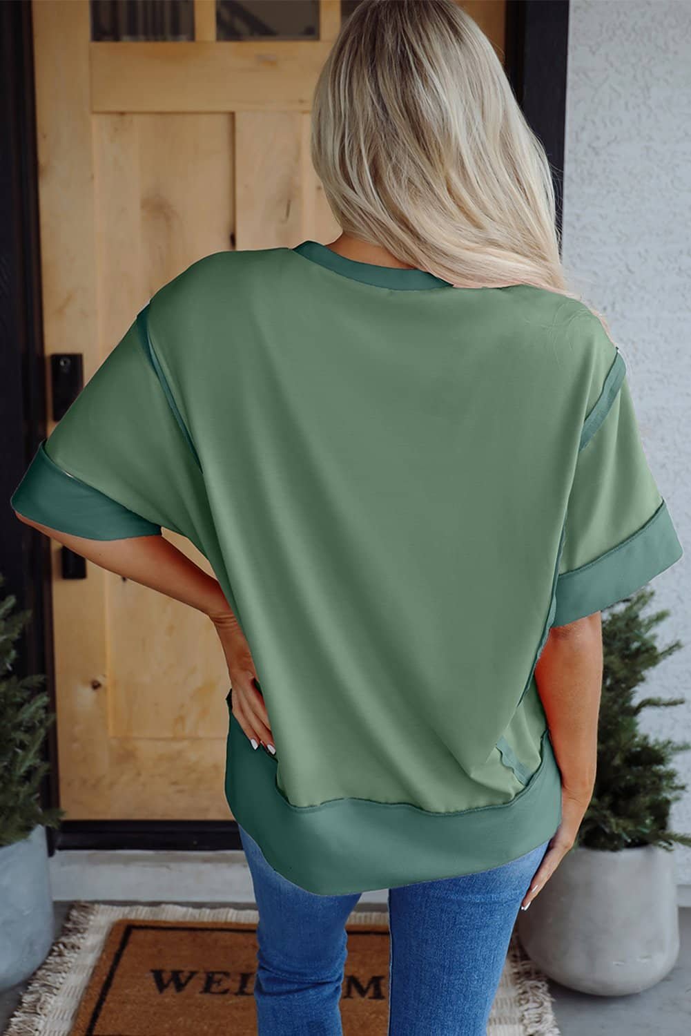 Smoke Green Floral Boots Printed Raw Seam Mix Texture Patchwork Tee