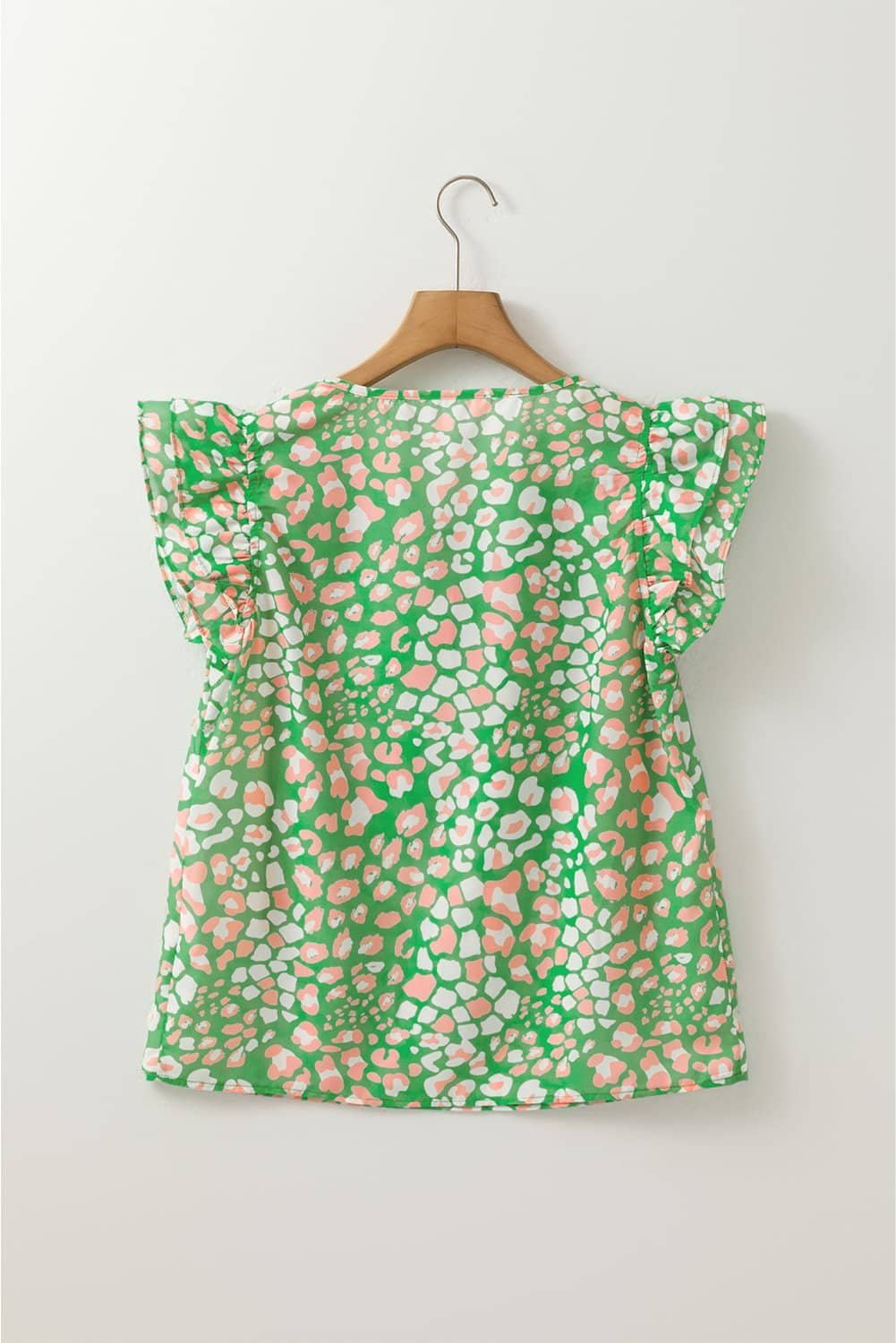 Green Abstract Leopard Tied Front Flutter Sleeve Blouse