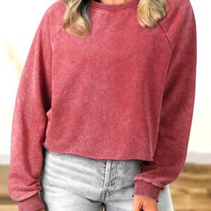 Racing Red Mineral Wash Raglan Sleeve Raw Hem Crop Sweatshirt