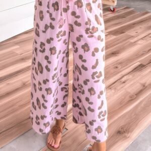 Pink Drawstring Leopard Print Patch Pocket Loose Pants