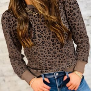 Brown Ribbed Trim Leopard Print Long Sleeve Top