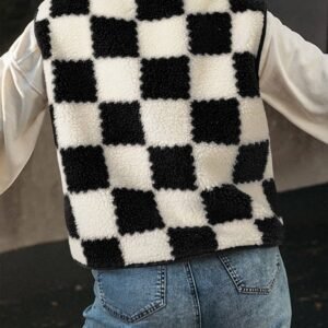 Black Checkered Sherpa Collared Jacket Vest