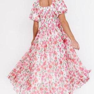 Pink Plus Size Floral Square Neck Puff Sleeve Ruffle Maxi Dress