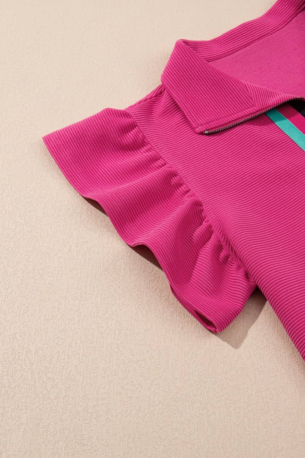 Strawberry Pink Striped Detail Flutter Sleeve Zipped Collar Short Set