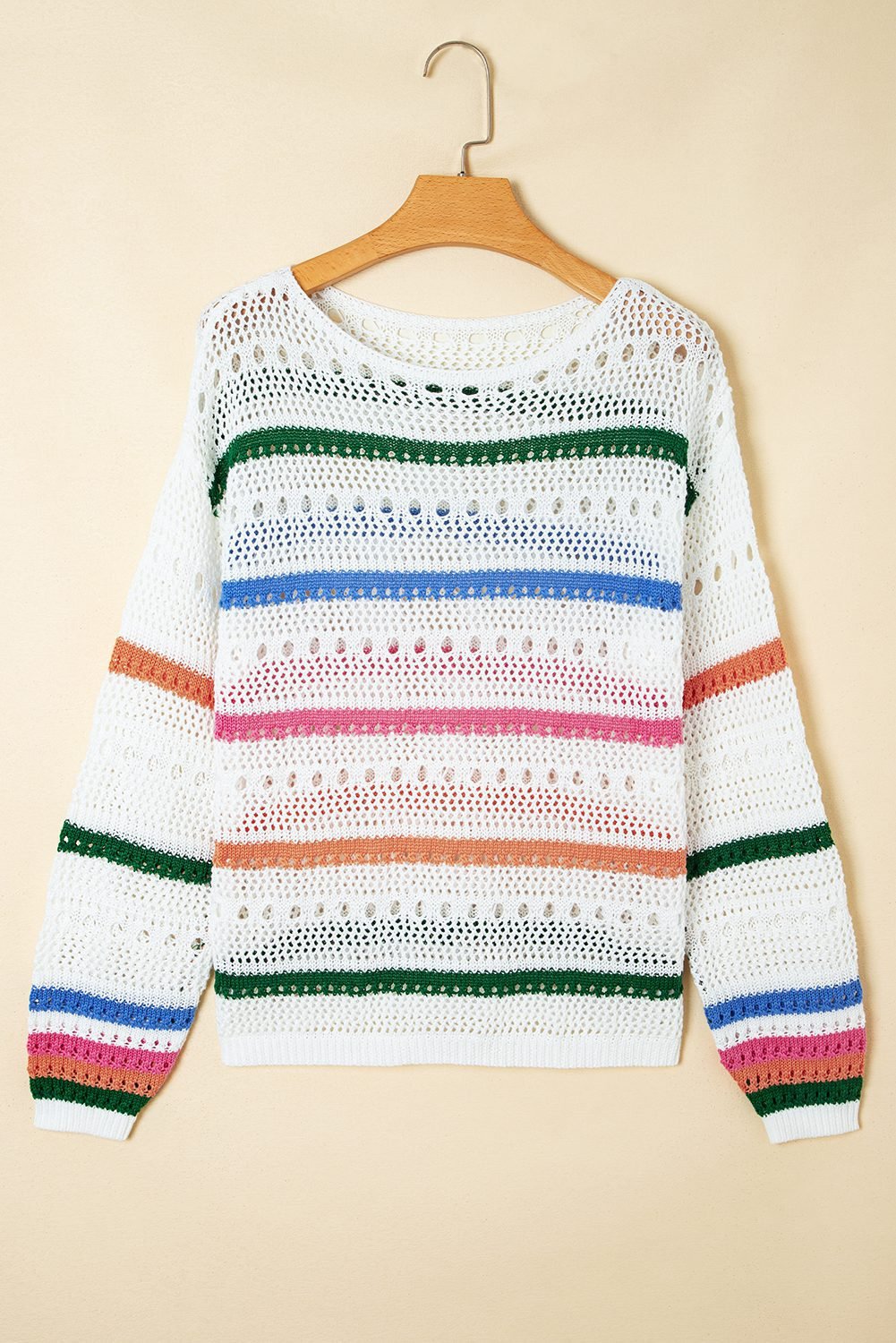 White Color Block Striped Pointelle Knit Sweater