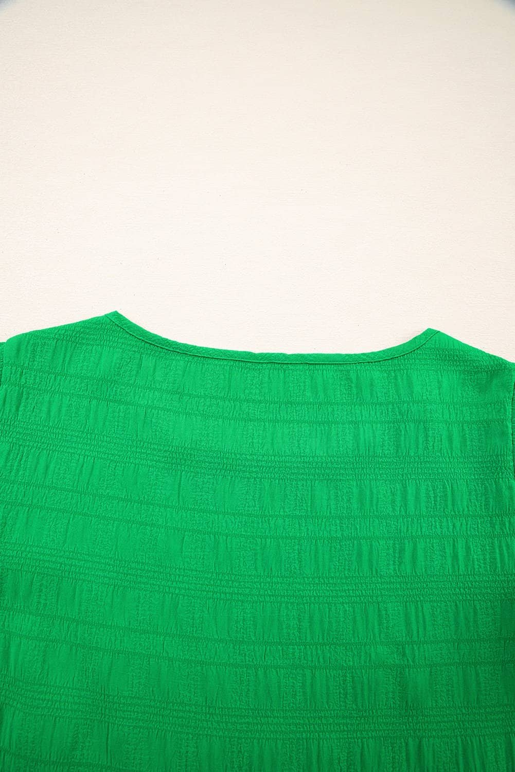 Dark Green Textured Ruffled Sleeve Round Neck Top