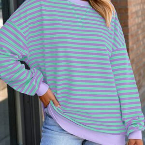 Blue Stripe Contrast Ribbed Trim Crossed Stitch Drop Shoulder Sweatshirt