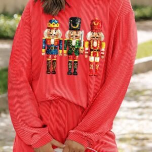 Gold Flame Heat Transfer Christmas Nutcracker Ribbed Long Sleeve Top Shorts Set