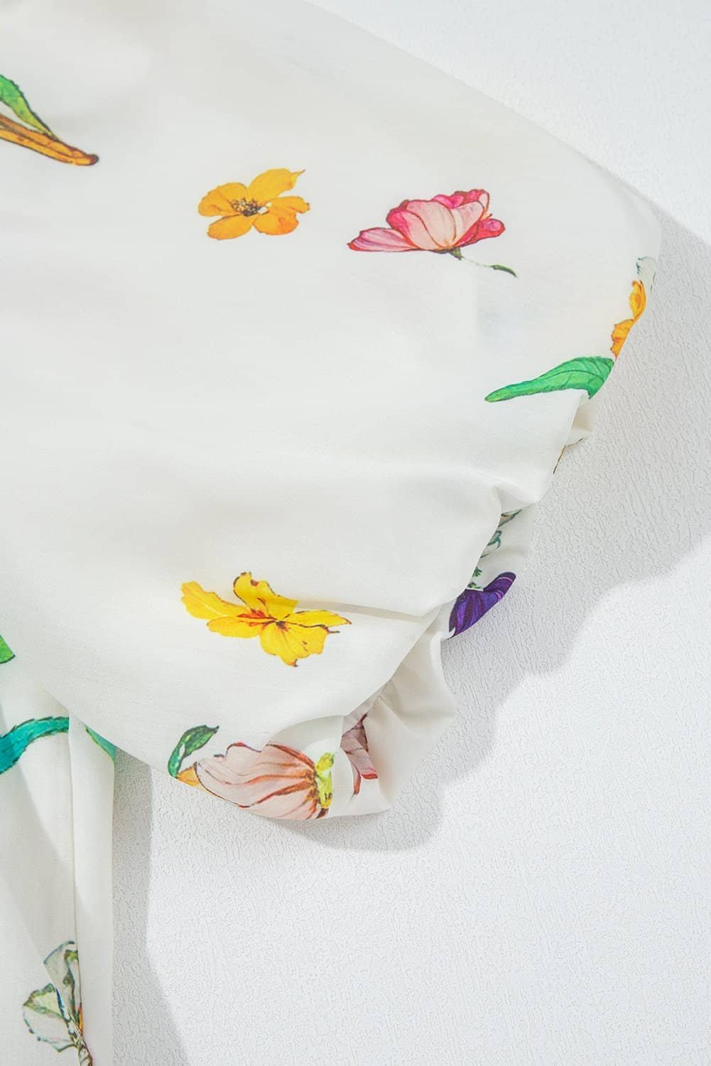 White Floral Print Contrast Striped Patchwork Short Puff Sleeve Dress