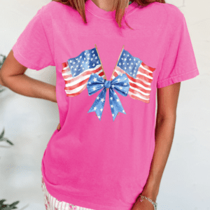 Sachet Pink Dual American Flag Bow Printed Casual T Shirt