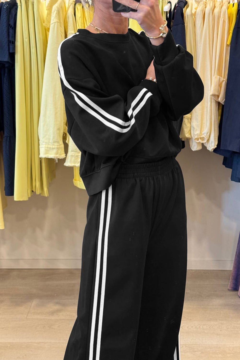 Black Varsity Striped Detail Crewneck Pullover Elastic Sweatpants 2Pcs Outfit